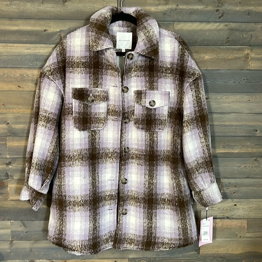 New Avec Les Fills Plaid Shirt Jacket Size Small in Brown/Lavender